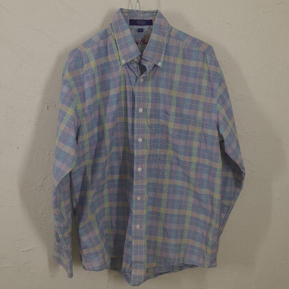 Alan Flusser Mens M Cotton Long Sleeve Button Up Plaid Dress Shirt Multi Color